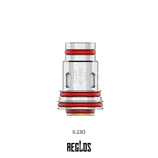 Two Uwell Aeglos replacement coils, white with red O-rings, showing 0.8Ω and 0.23Ω UN2 Meshed-H options.