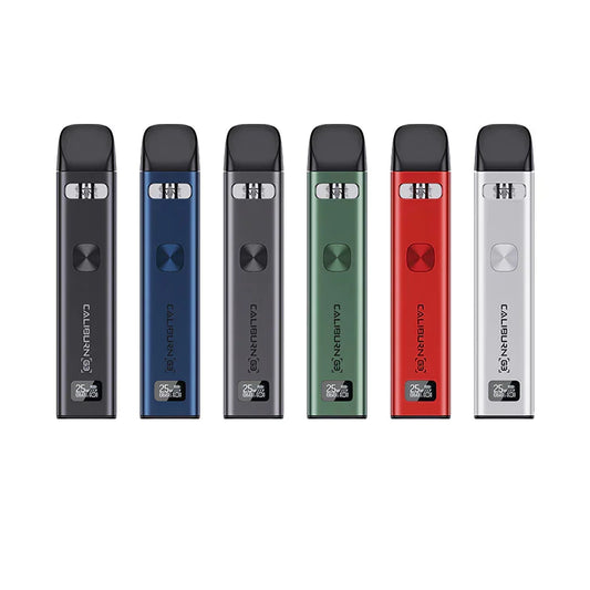 Silver Uwell Caliburn G3 Pod Kit with black mouthpiece, square button, and digital display.