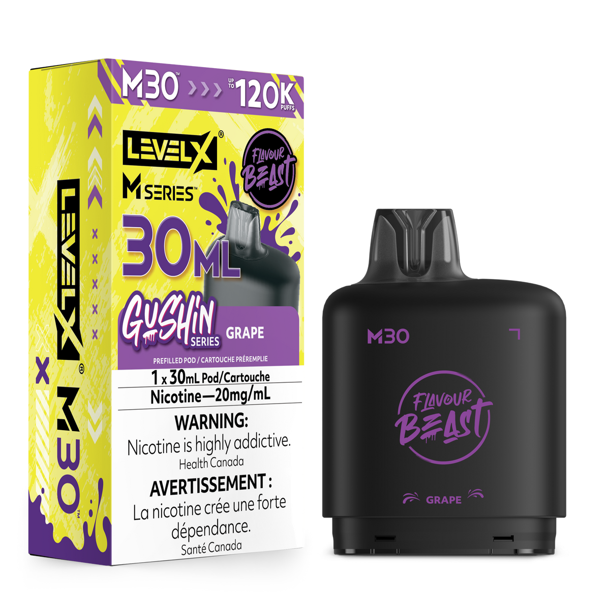 Level X M Series Gushin x Flavour Beast M30 disposable vape pen and its packaging box in Grape flavor, shown on a clean white background.