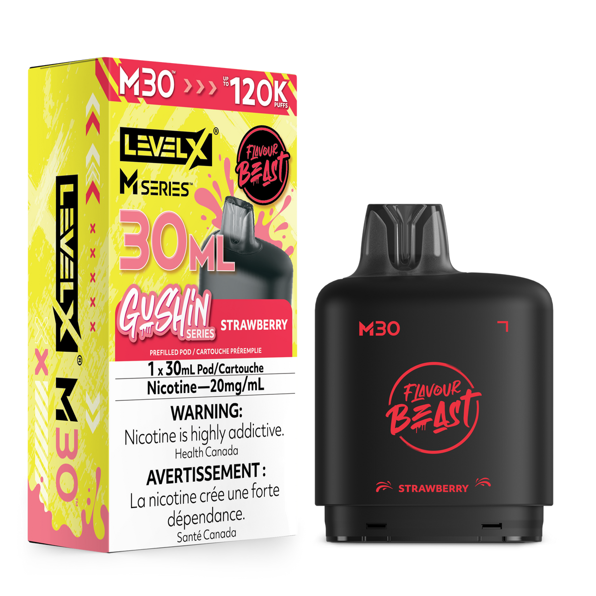 Level X M Series Gushin Strawberry disposable vape pen shown next to its retail packaging box on a plain white background.