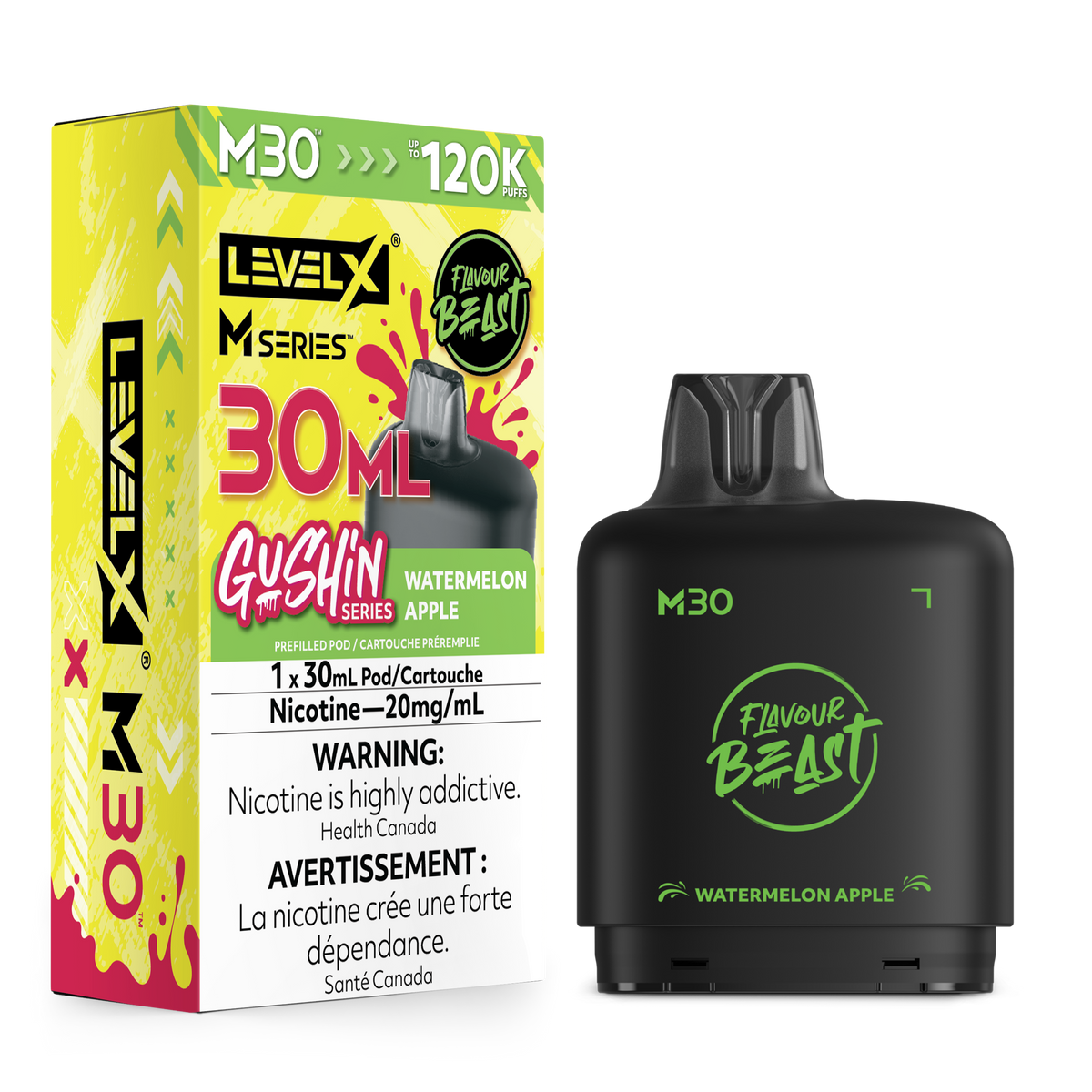Level X M Series Gushin M30 Watermelon Apple disposable vape pen shown next to its yellow and green retail packaging box on a plain white background.