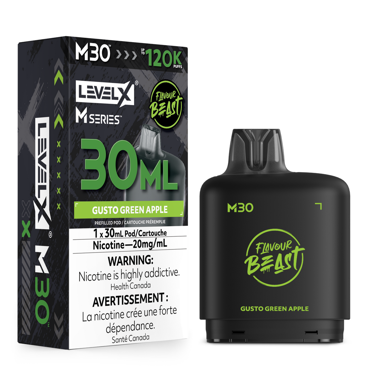 LevelX M30 vape pen and its retail packaging in green apple flavor, shown on a clean white background.