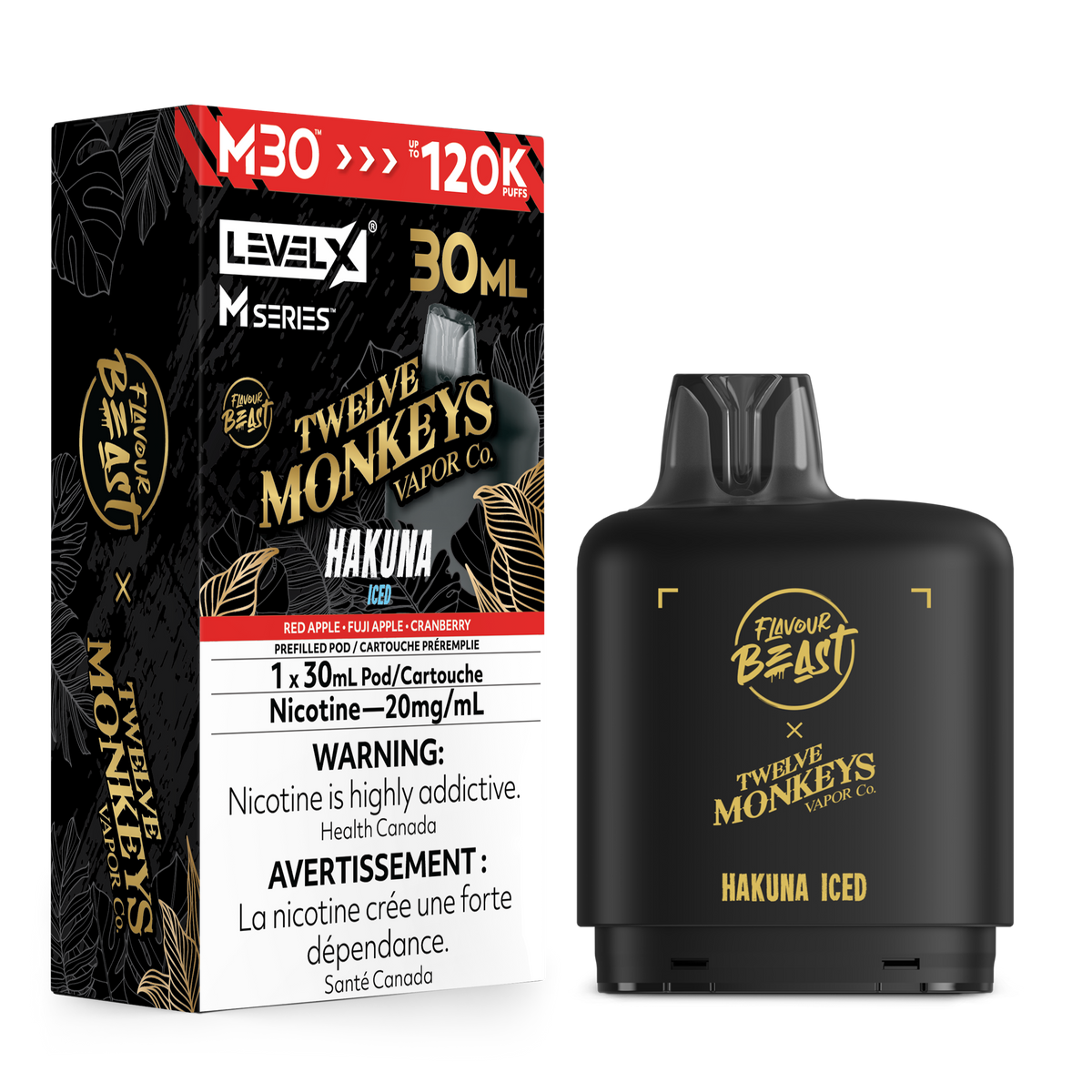 A LevelX M-Series Twelve Monkeys Vapor Co. disposable vape device in Hakuna Iced flavor, shown next to its retail packaging box on a plain white background.