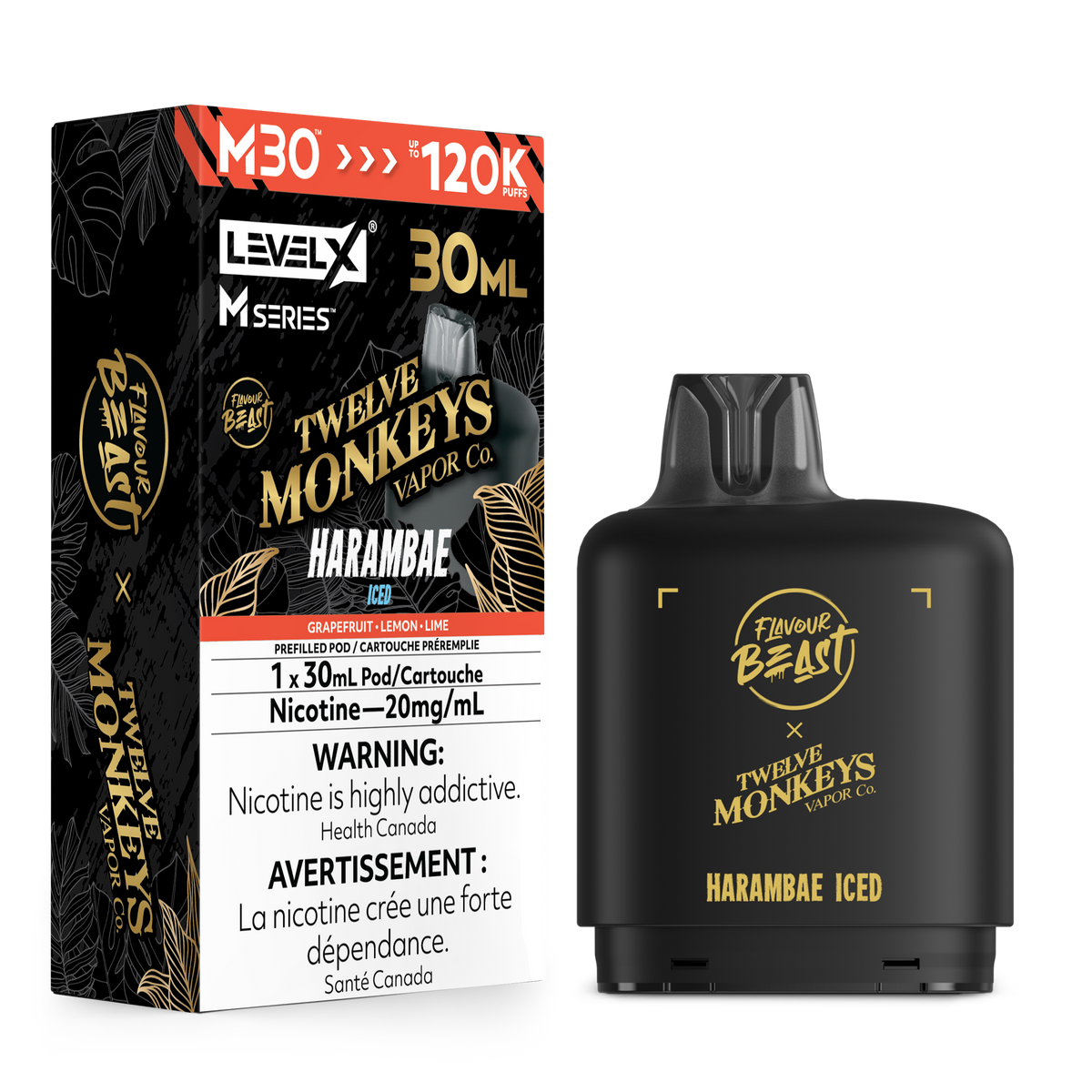 A LevelX M-Series Twelve Monkeys Vapor Co. Harambae Iced disposable vape and its retail packaging box, shown on a clean white background.