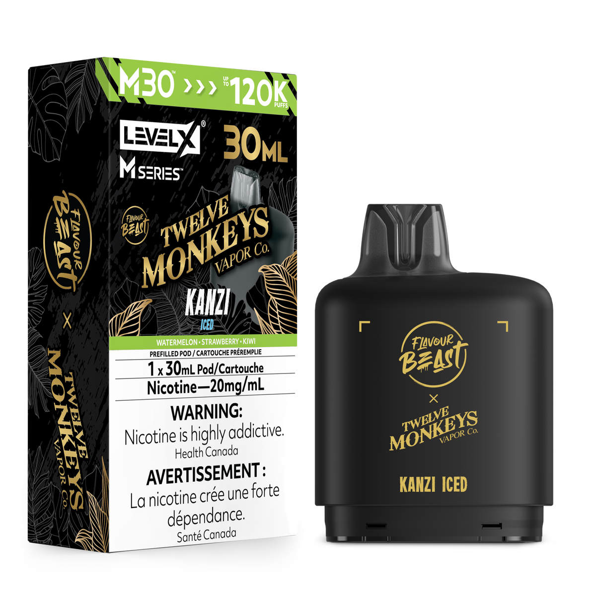 A LevelX M-Series disposable vape product shown with its retail box on a plain white background. The box is black with gold and green graphics and text, and the vape device itself is matte black with gold branding.
