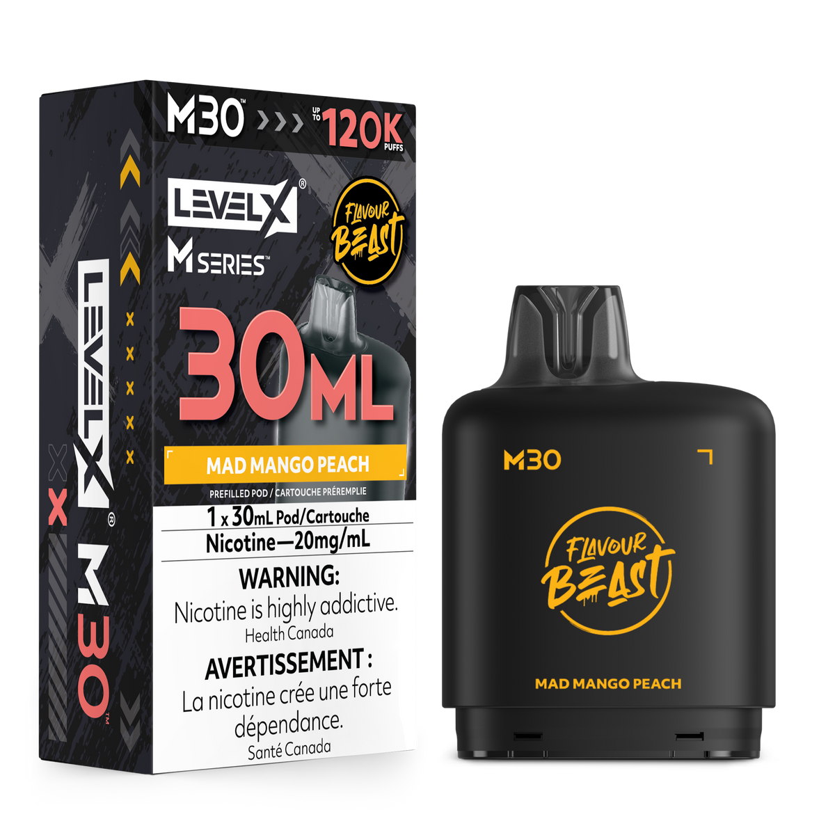 Level X M30 vape pod packaging and the actual black vape pod device in 'Mad Mango Peach' flavor, shown on a clean white background.