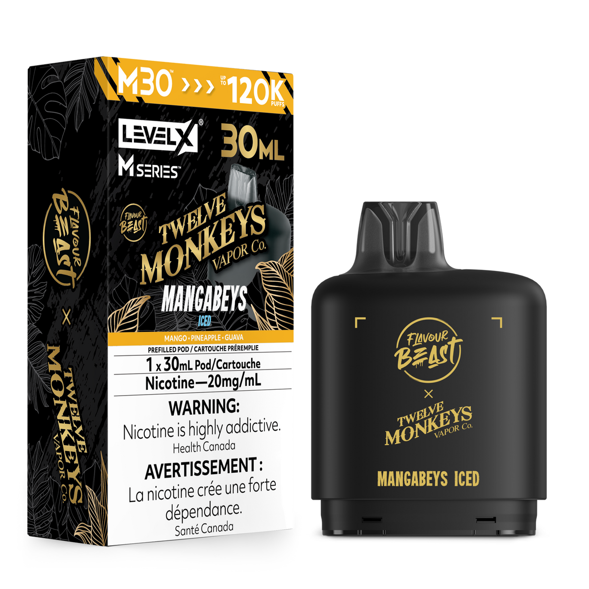 Twelve Monkeys Vapor Co. LevelX MSeries Mangabeys Iced 30ml disposable vape shown next to its retail packaging box.