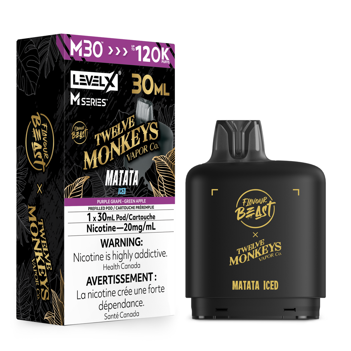 A LevelX M-Series Twelve Monkeys x Flavor Beast Matatana vape pod next to its retail box. The pod is matte black with gold and white branding, and the box is black with purple and gold graphics and a white warning label.