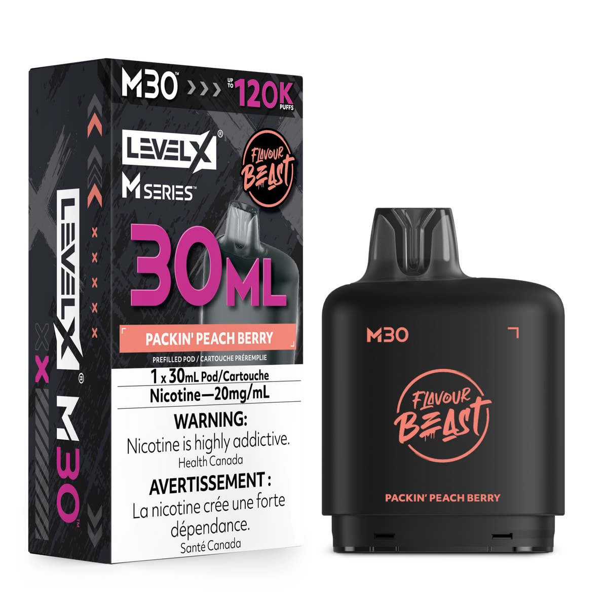 Level X M30 vape pod packaging and the black pod device itself, shown on a plain white background. The box and device feature pink and orange text for 'Packin' Peach Berry' flavor, with 'Flavour Beast' branding.