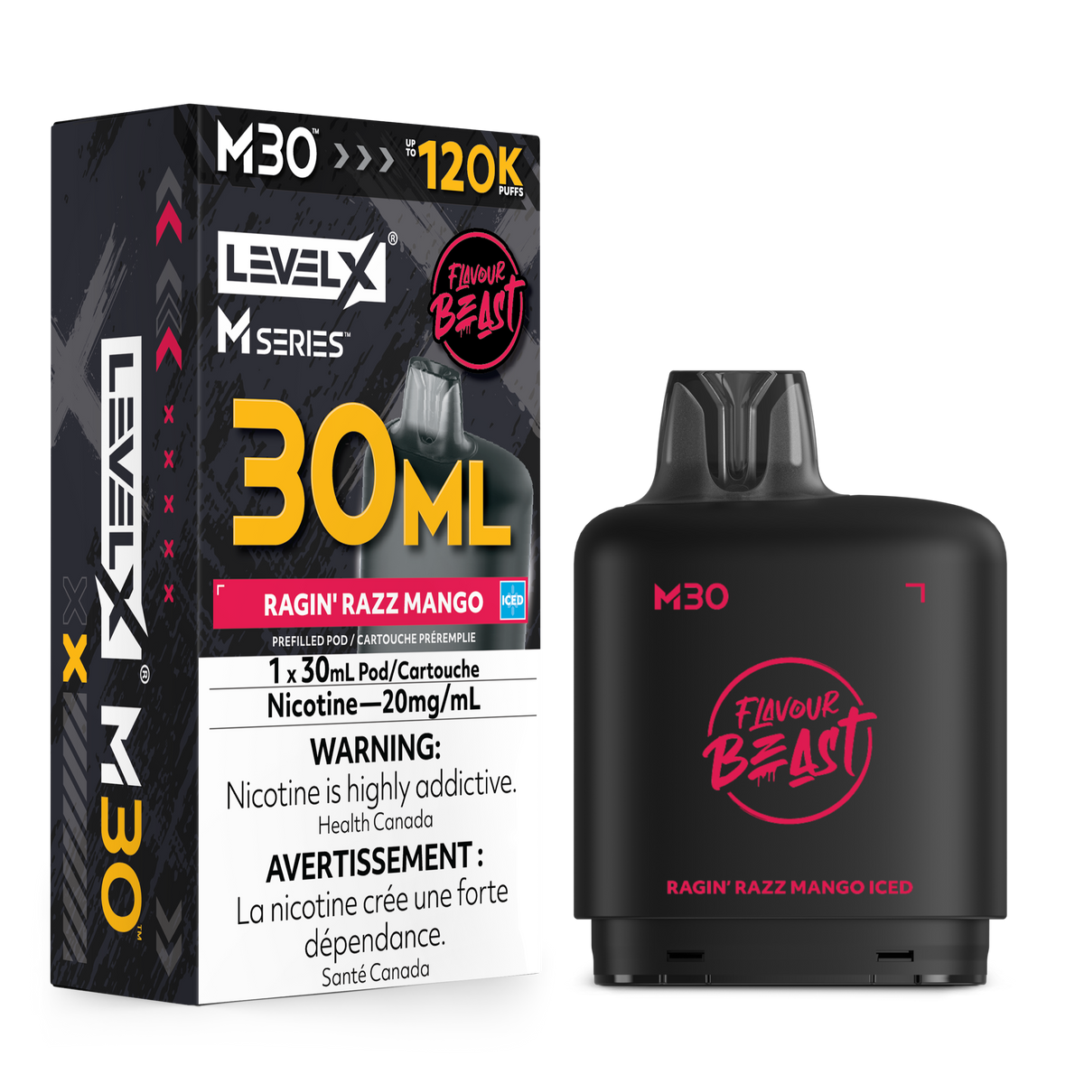 Level X M30 disposable vape device in black with a pink and white 'Flavour Beast' logo, shown next to its retail packaging box for Ragin' Razz Mango Iced.