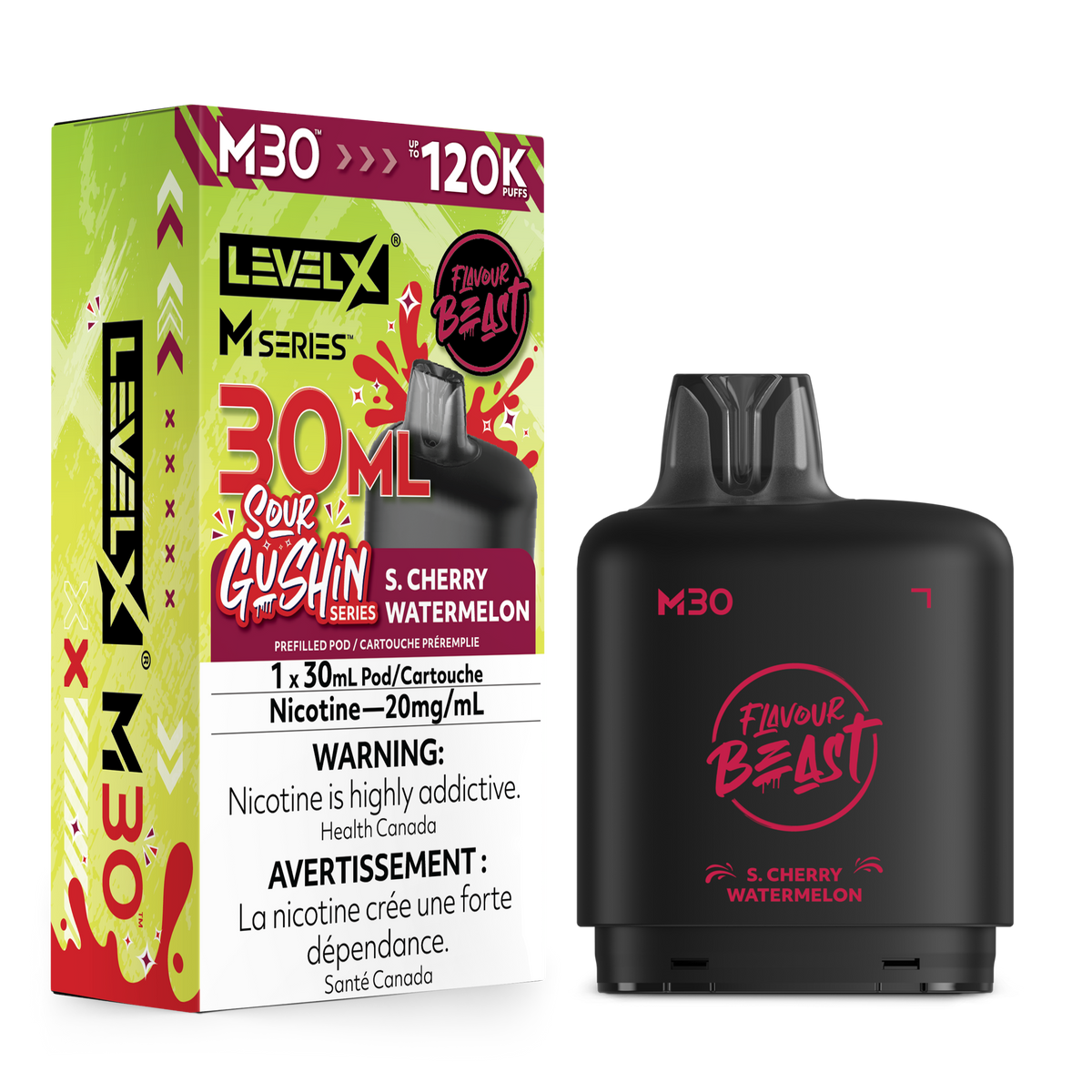 Level X M30 S. Cherry Watermelon pod kit showing the black disposable vape device next to its green and red retail packaging box on a white background.