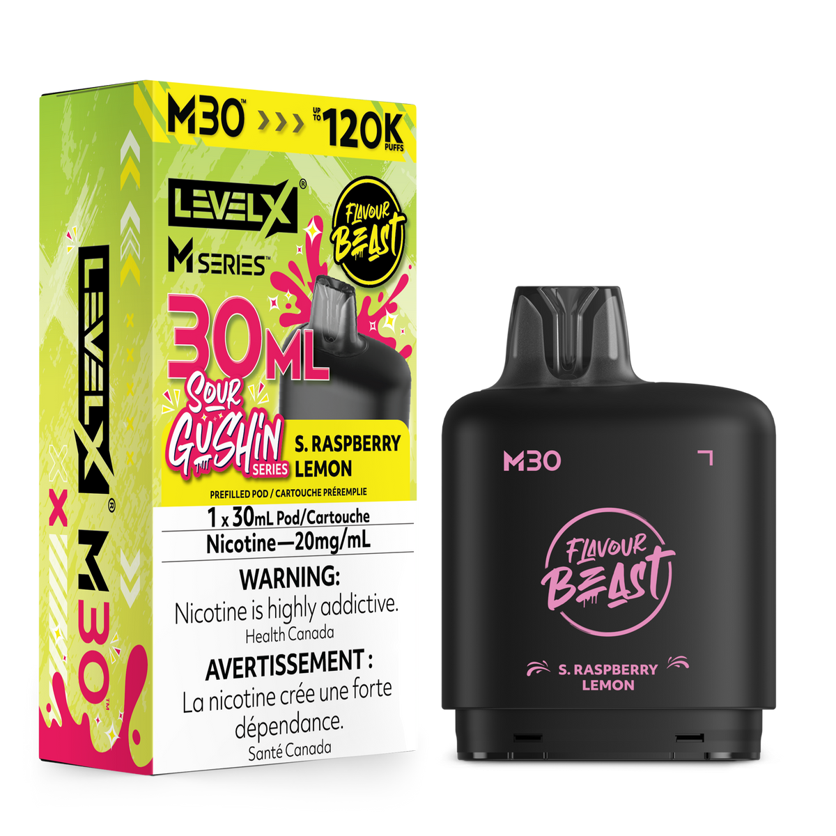 Level X M30 prefilled vape pen and its retail packaging box in Sour Gushin 1 Lemon flavor, featuring a black vape pen with pink branding next to a lime green and pink box.