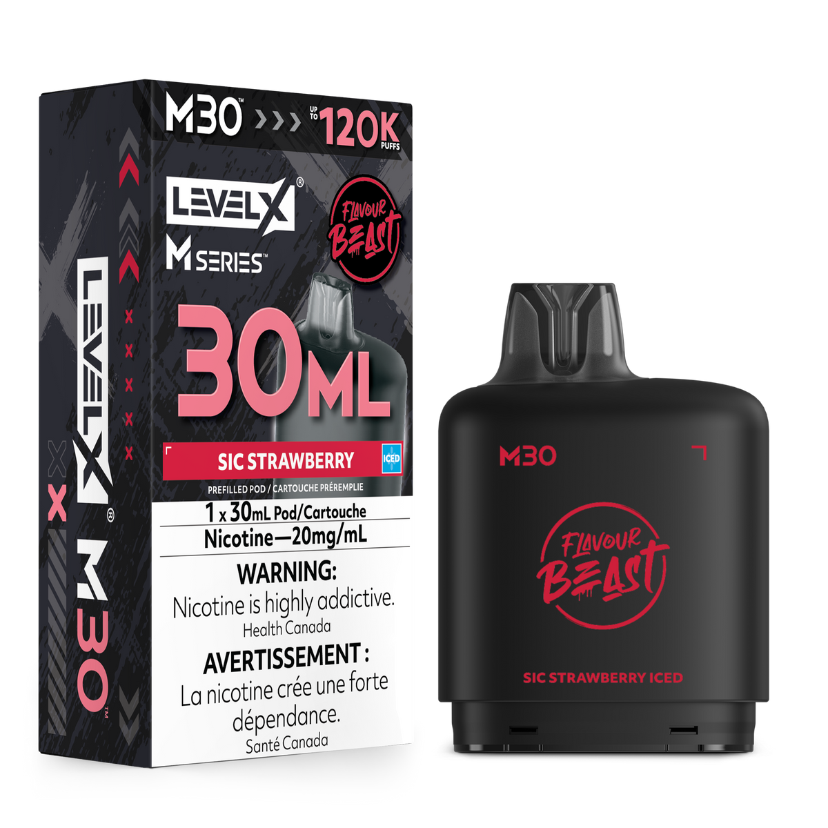 Level X M Series M30 prefilled vape pen in Sic Strawberry Iced flavor, shown next to its retail packaging box. The vape pen is matte black with red branding, and the box is black with pink and red text.