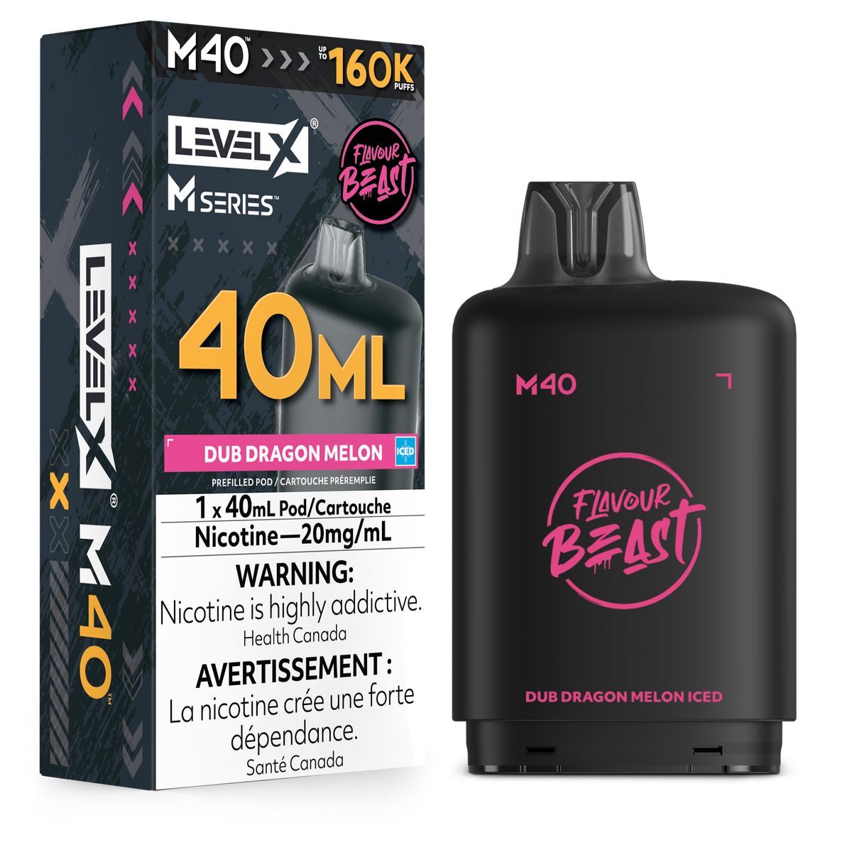 Level X M Series M40 Flavour Beast Dub Dragon Melon disposable vape device next to its retail packaging box, featuring a matte black finish with pink and orange branding.