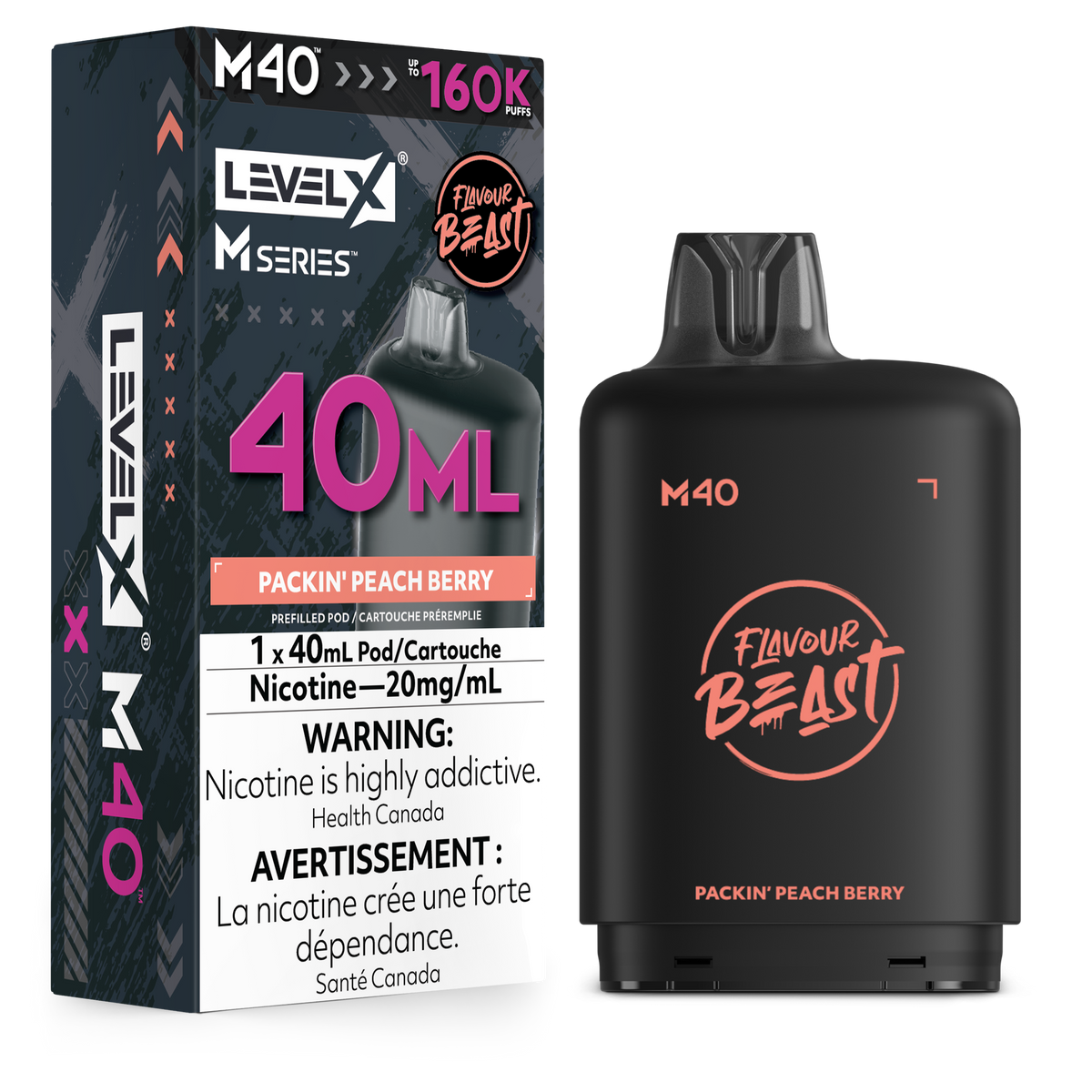 Level X M Series M40 Flavour Beast Packin' Peach Berry prefilled vape pod next to its retail packaging box, featuring a matte black body with pink and white branding.