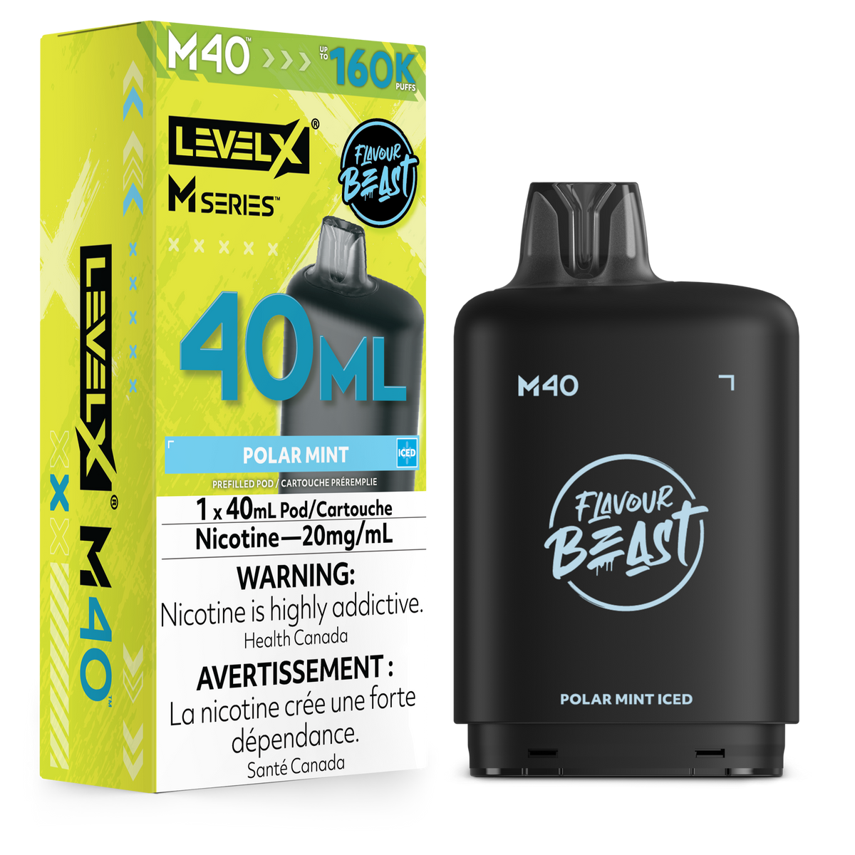 LevelX M Series M40 Flavour Beast Polar Mint Iced disposable vape pod next to its bright yellow and green retail packaging box.