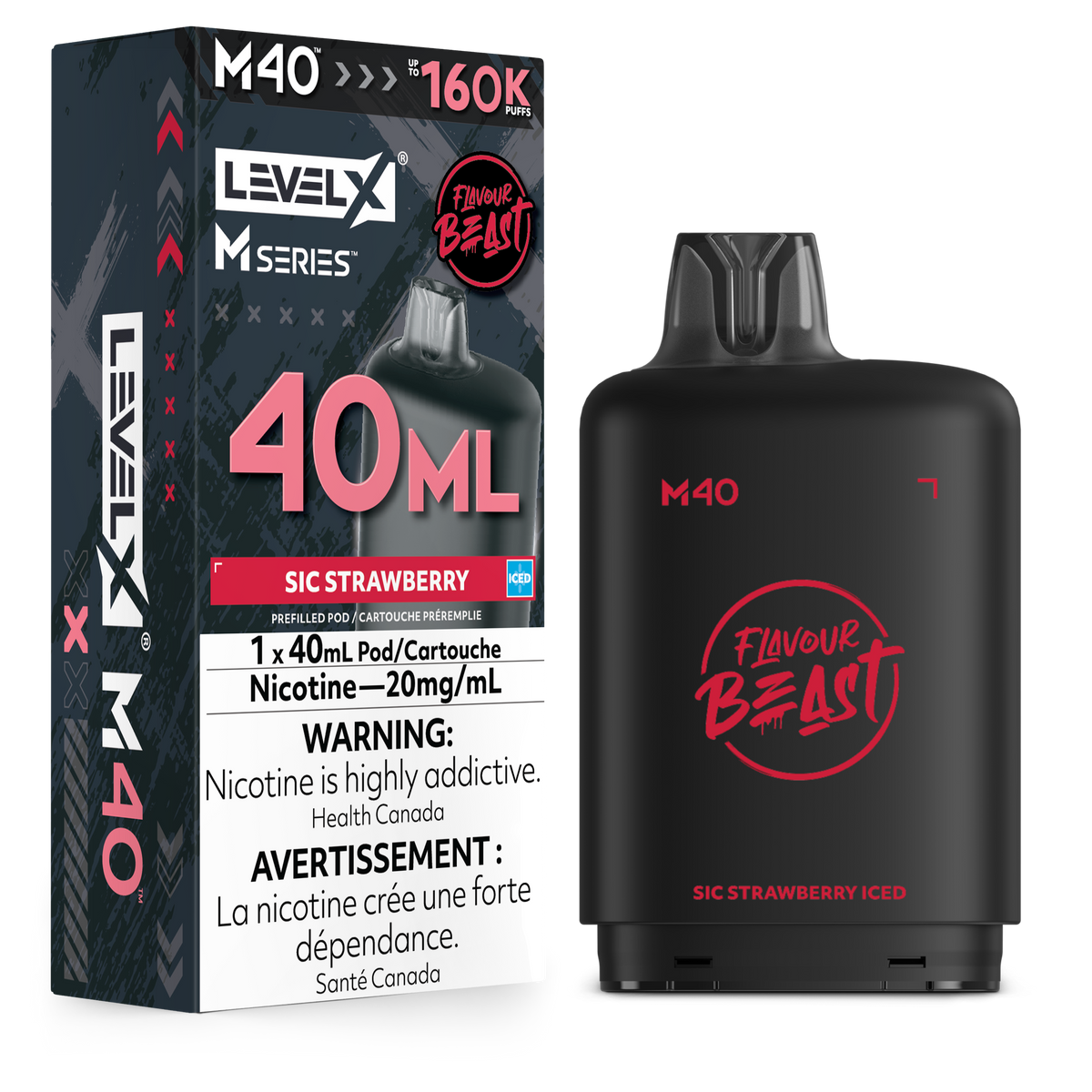Level X M Series M40 prefilled vape pod packaging and the actual black vape pod with red 'Flavour Beast' branding, shown on a clean white background.