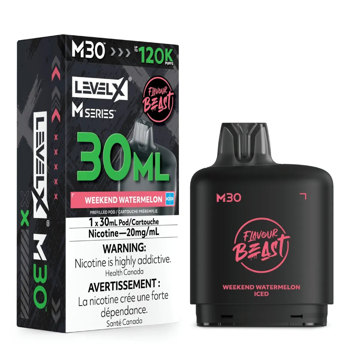 Level X M30 Weekend Watermelon 30ml disposable vape device next to its retail packaging box, featuring a matte black body with pink and green branding details.