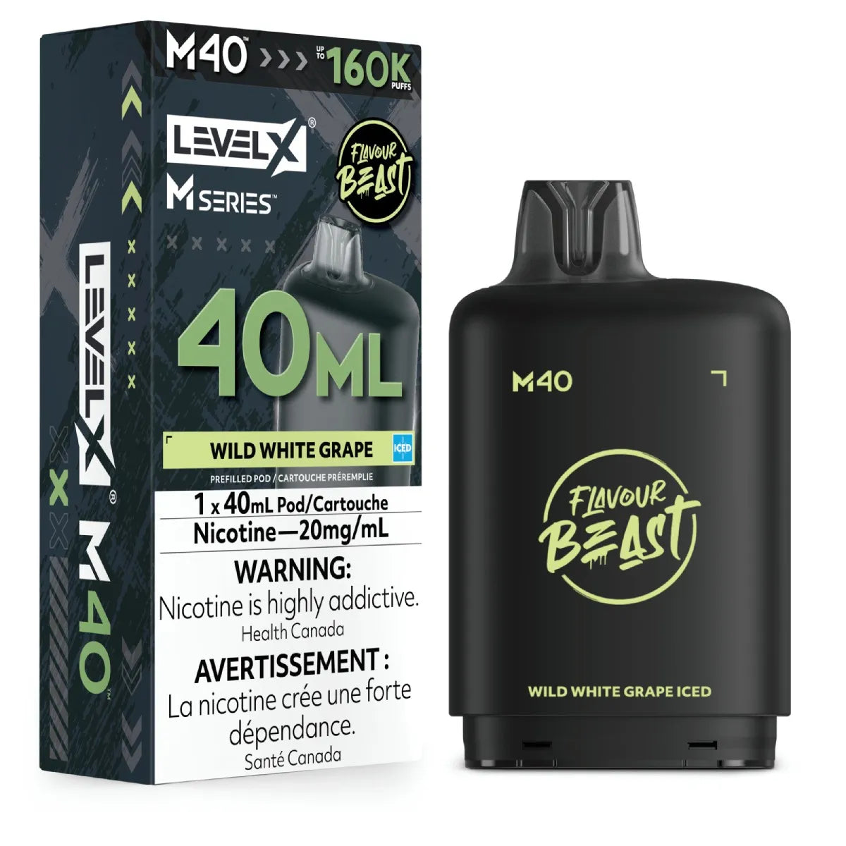 Level X M Series M40 disposable vape device in Wild White Grape flavor next to its retail packaging box. The device is matte black with lime green text and logo, and the box features a dark pattern with the same lime green accents and white warning text.