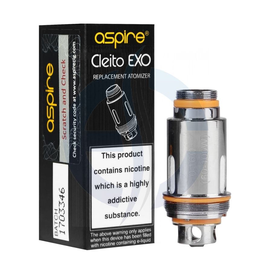 Aspire Cleito EXO 0.16Ω mesh coil and its black and orange packaging with warning label.