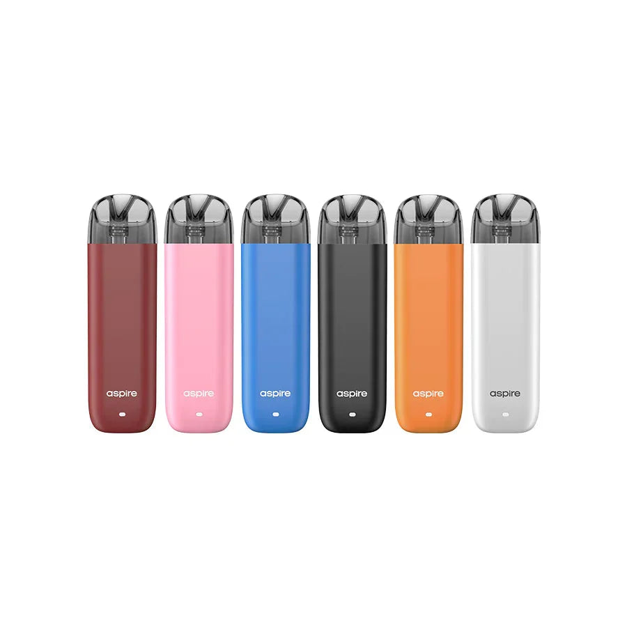 Six Aspire Minican 3 Kits in various colors: red, pink, blue, black, orange, and white, with clear pods.