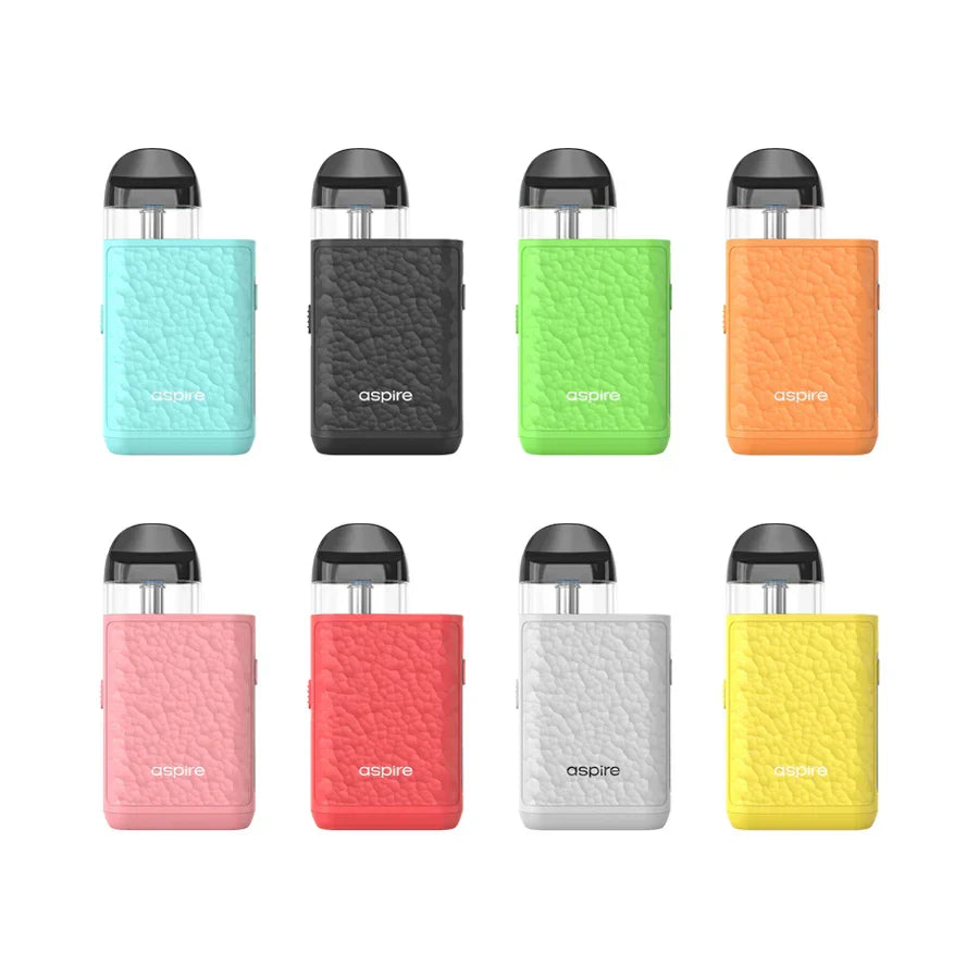 Eight Aspire Minican 4 Plus vape kits in various colors: blue, black, green, orange, pink, red, white, and yellow.