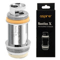 Silver Aspire Nautilus X replacement coil with orange O-ring next to its black and orange retail box.