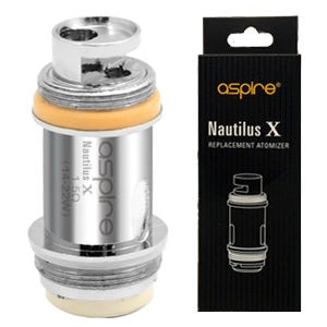 Silver Aspire Nautilus X replacement coil with orange O-ring next to its black and orange retail box.