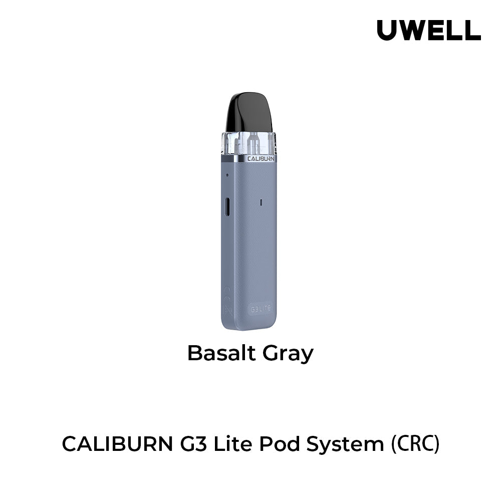 Uwell Caliburn G3 Lite Pod Kit in black, showing front, back, side views, and top/bottom of the pod.