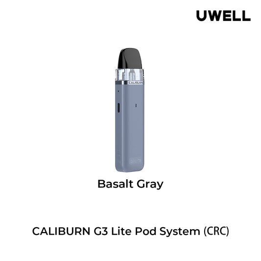 Uwell Caliburn G3 Lite Pod Kit in black, showing front, back, side views, and top/bottom of the pod.