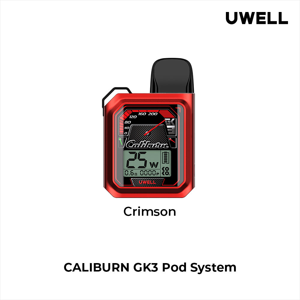 Uwell Caliburn GK3 Pod Kit in silver with screen, black pod, and brown leather-look accents.