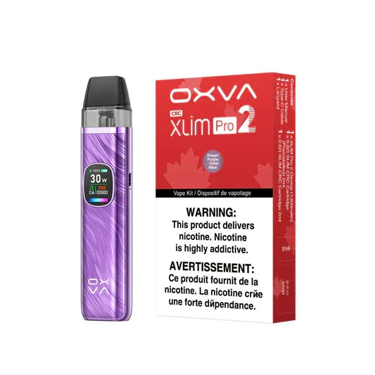 Oxva XLIM Pro 2 pod kit in Dream Purple with a textured finish, alongside its red CRC packaging.