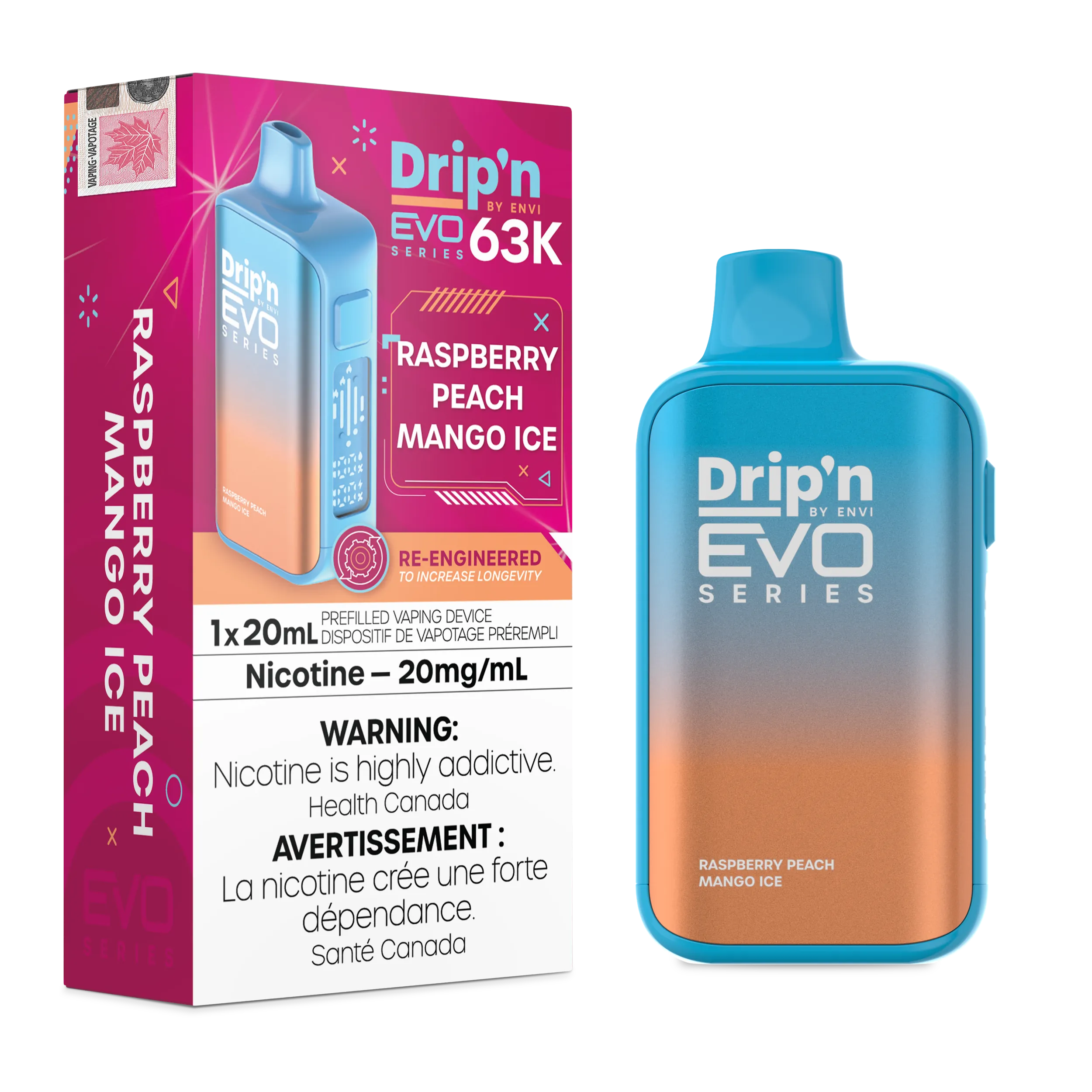 Raspberry Peach Mango Ice Drip'n by Envi EVO 63K - Disposable Vape
