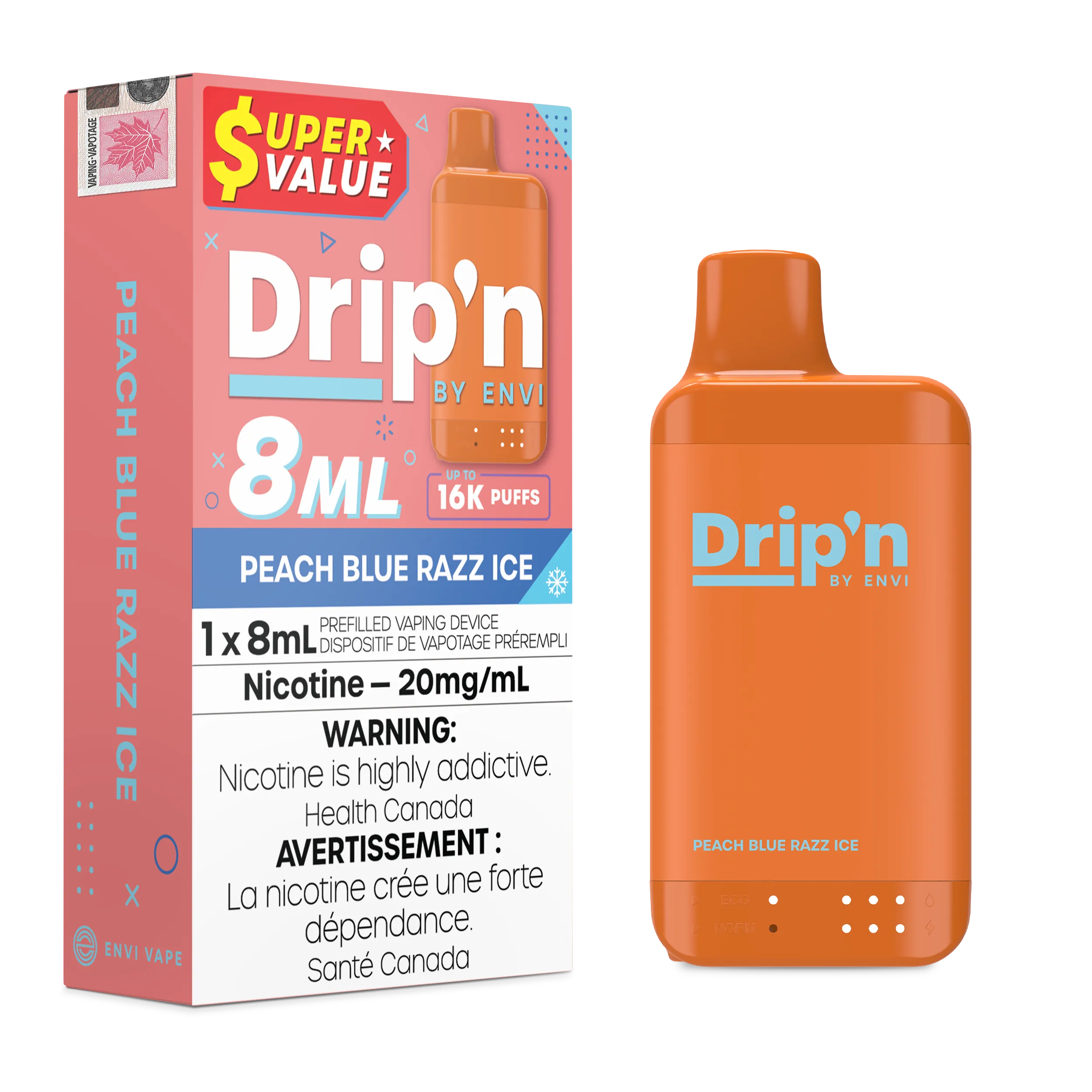 Peach Blue Razz Ice Drip'n by Envi 8ml - Disposable 16K by DRIP'N