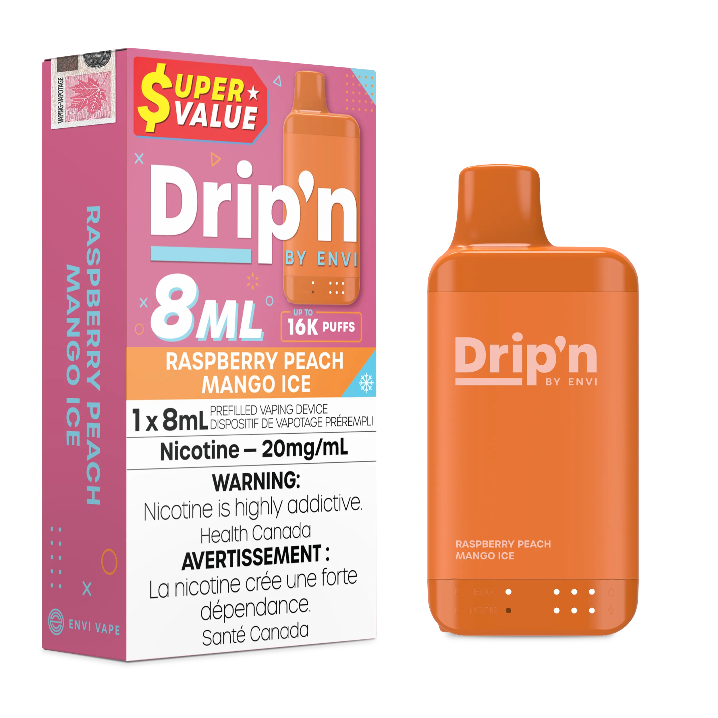 Raspberry Peach Mango Ice Drip'n by Envi 8ml - Disposable 16K by DRIP'N