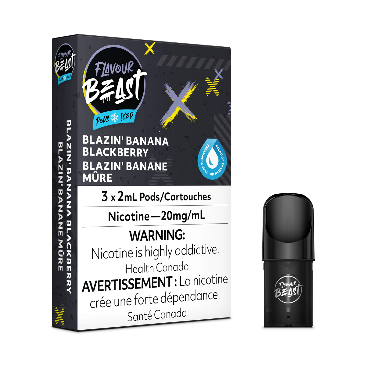 Flavour Beast Flow Pods Blazin Banana Blackberry Iced 3-pack with one black pod, compatible with STLTH.