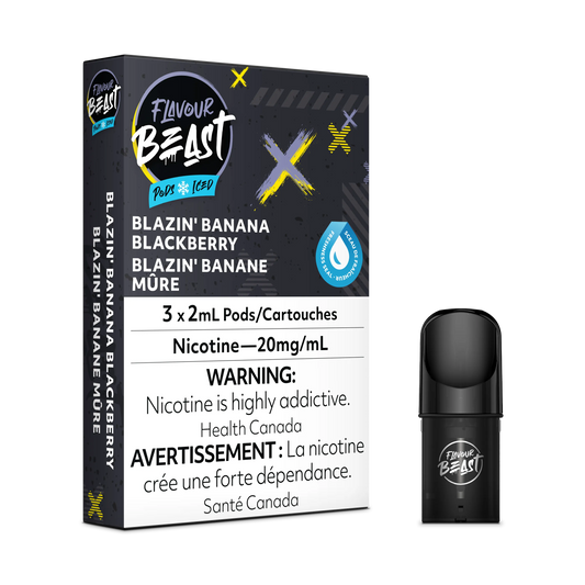 Flavour Beast Flow Pods Blazin Banana Blackberry Iced 3-pack with one black pod, compatible with STLTH.