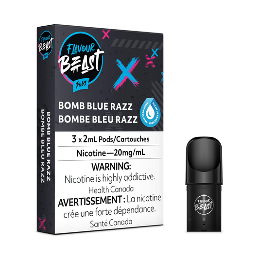 Flavour Beast Flow Pods in Bomb Blue Razz, 3-pack box with a single black pod showing the logo.
