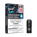Flavour Beast Flow Pods, Boss Blueberry Iced, 3-pack, 20mg/mL nicotine, with a single black pod.