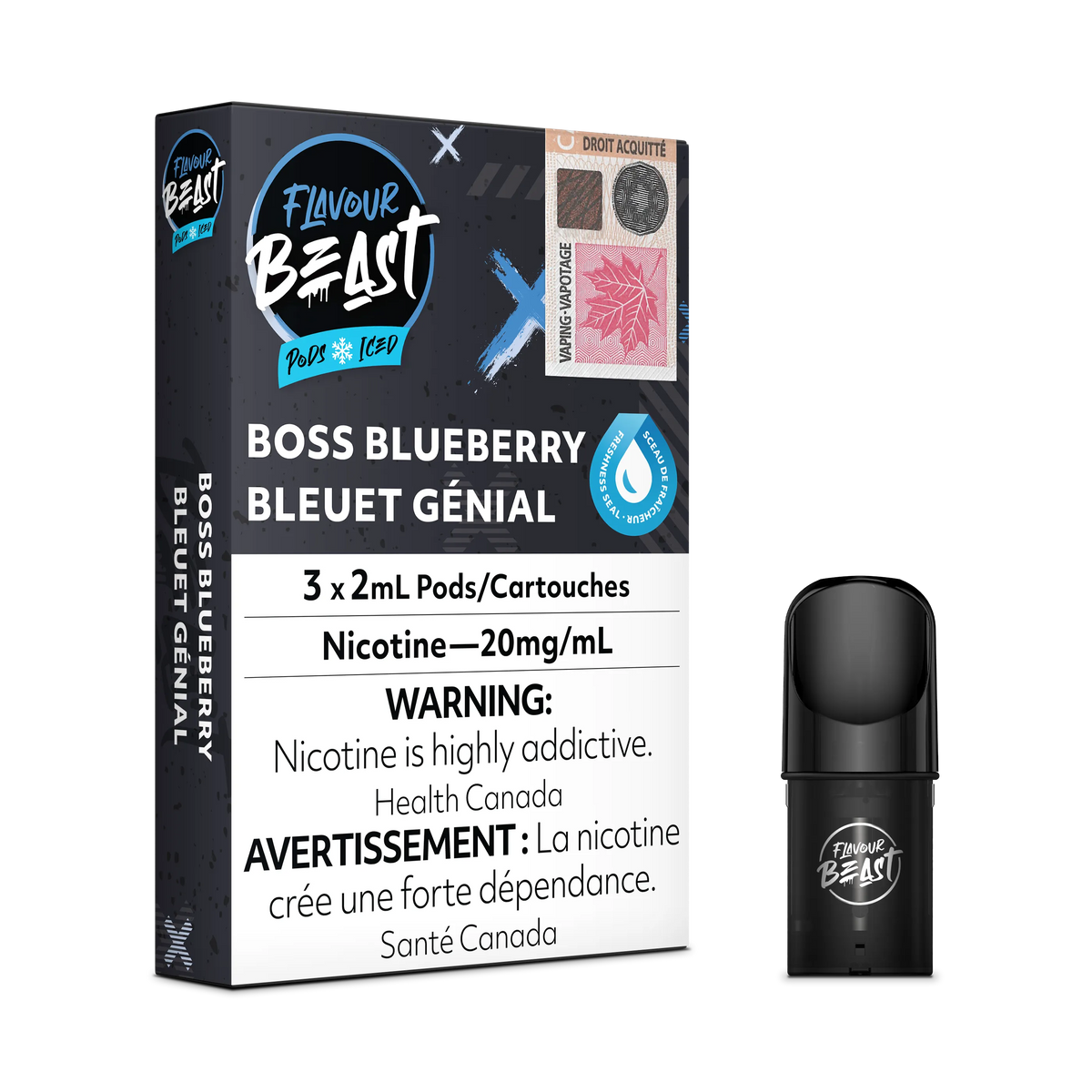 Flavour Beast Flow Pods, Boss Blueberry Iced, 3-pack, 20mg/mL nicotine, with a single black pod.
