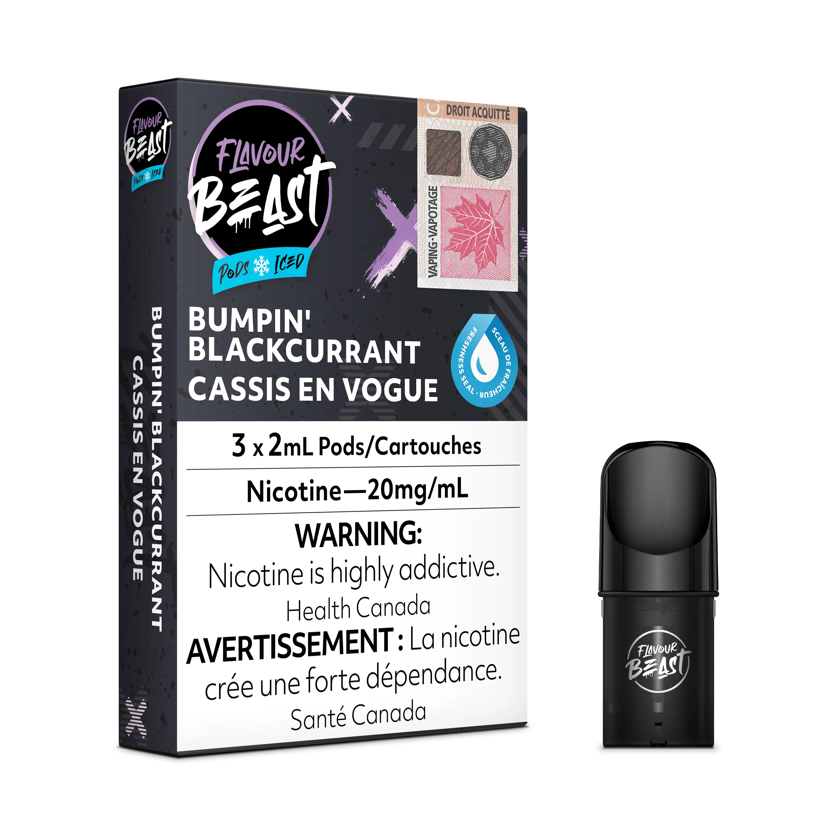 Flavour Beast Flow Pods Bumpin' Blackcurrent Iced 3-pack box and a single black pod with logo.
