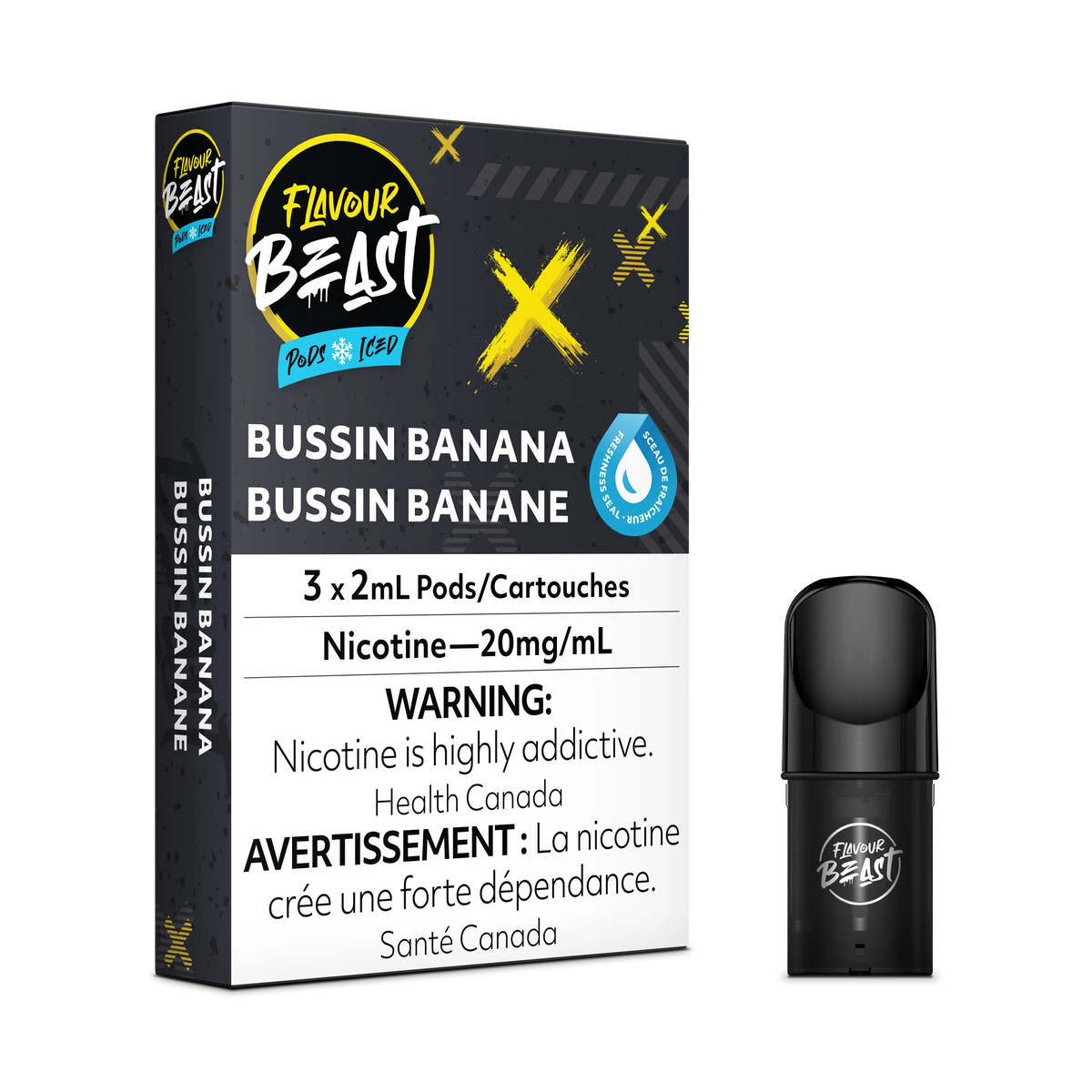 Flavour Beast Flow Pods Bussin Banana Iced 3-pack with a single black pod, 20mg/mL nicotine.