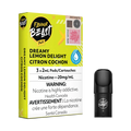 Flavour Beast Flow Pods, Dreamy Lemon Delight, 3-pack with 2.0mL pods, 20mg/mL nicotine, beside a single black pod.