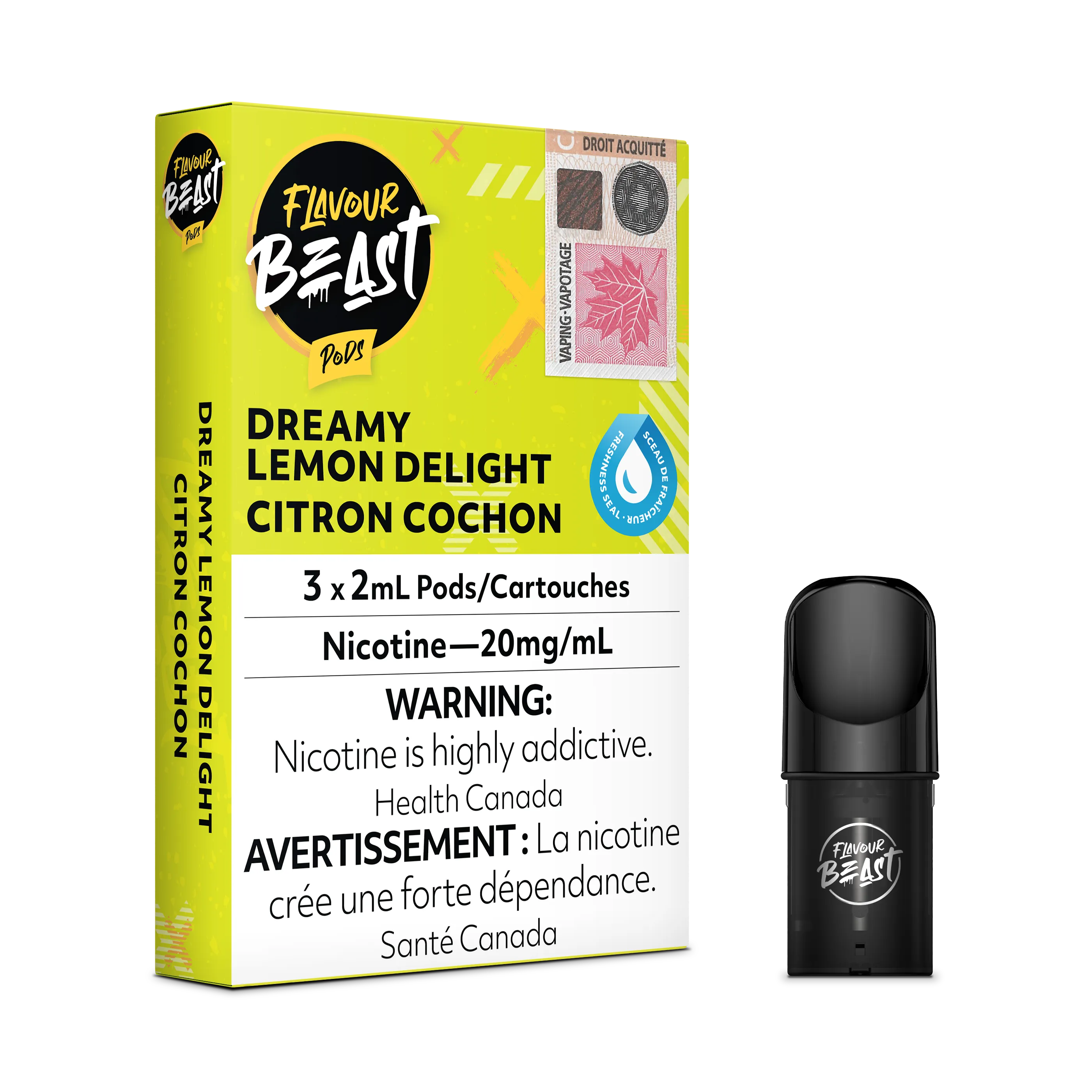 Flavour Beast Flow Pods, Dreamy Lemon Delight, 3-pack with 2.0mL pods, 20mg/mL nicotine, beside a single black pod.