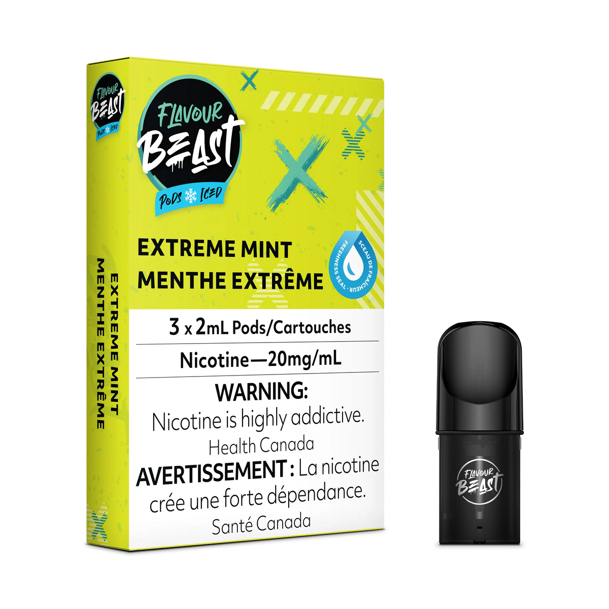 Flavour Beast Flow Pods Extreme Mint Iced 3-pack with a single black pod, compatible with STLTH.