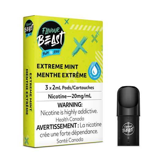 Flavour Beast Flow Pods Extreme Mint Iced 3-pack with a single black pod, compatible with STLTH.