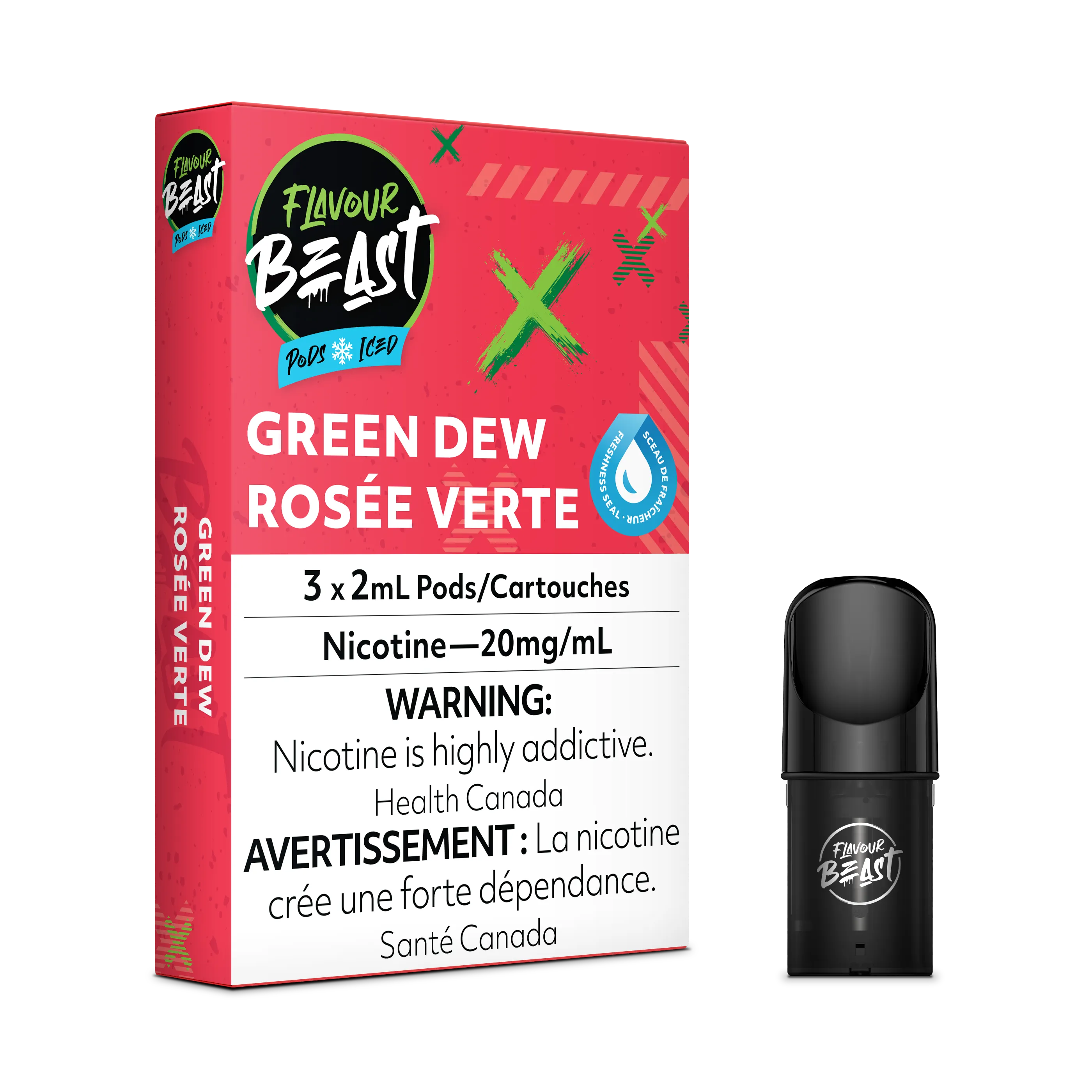 Flavour Beast Flow Pods in Green Dew Iced (Gnarly Green D), 3-pack, 2.0mL each, with a black pod shown.