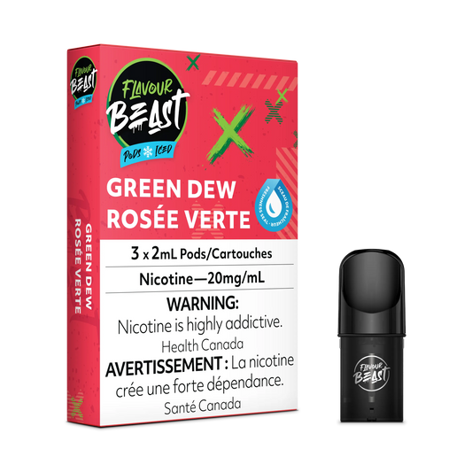 Flavour Beast Flow Pods in Green Dew Iced (Gnarly Green D), 3-pack, 2.0mL each, with a black pod shown.