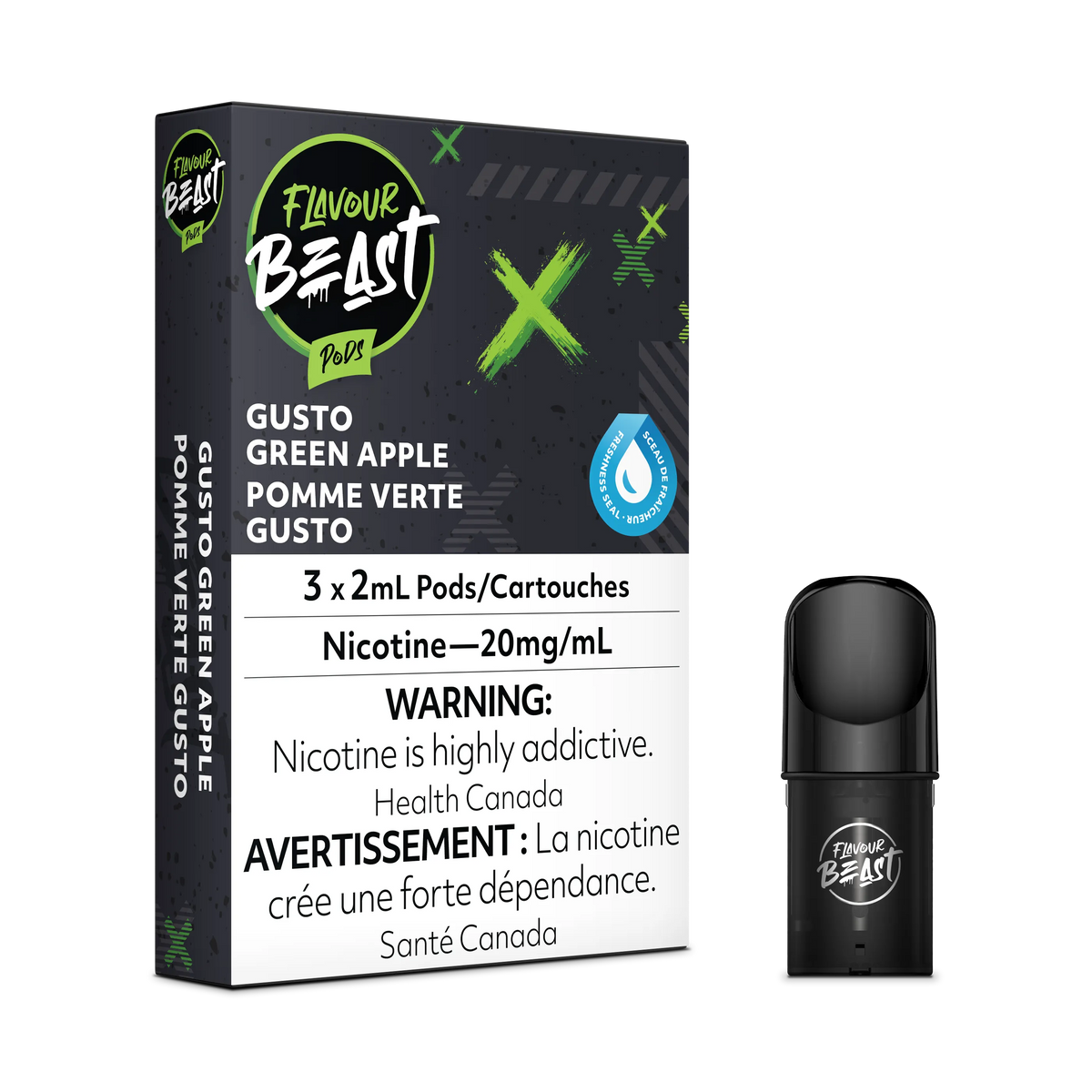 Flavour Beast Flow Pods, Gusto Green Apple, 3-pack box with a single black pod.