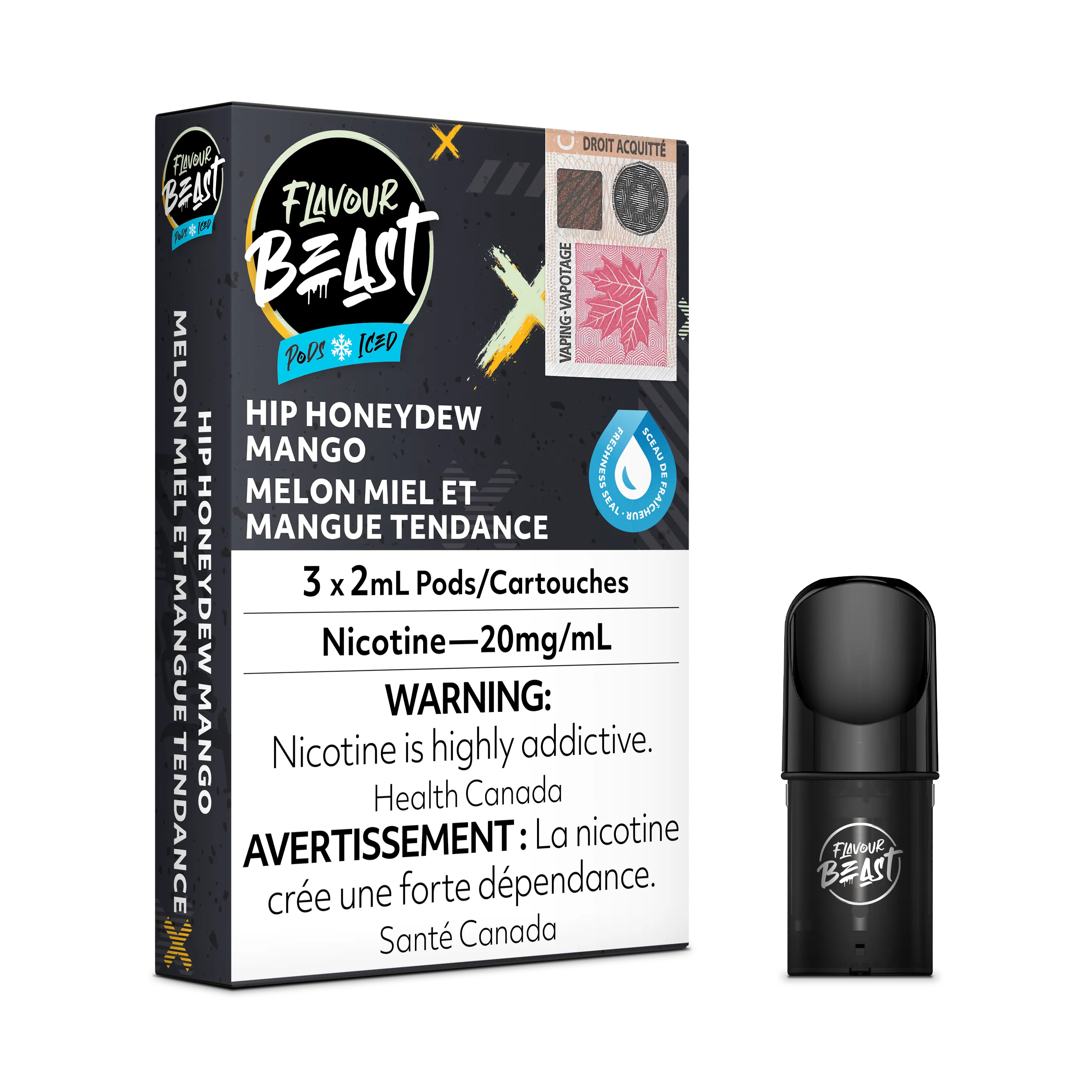 Flavour Beast Flow Hip Honeydew Mango Iced pods, 3-pack, with a single black pod.